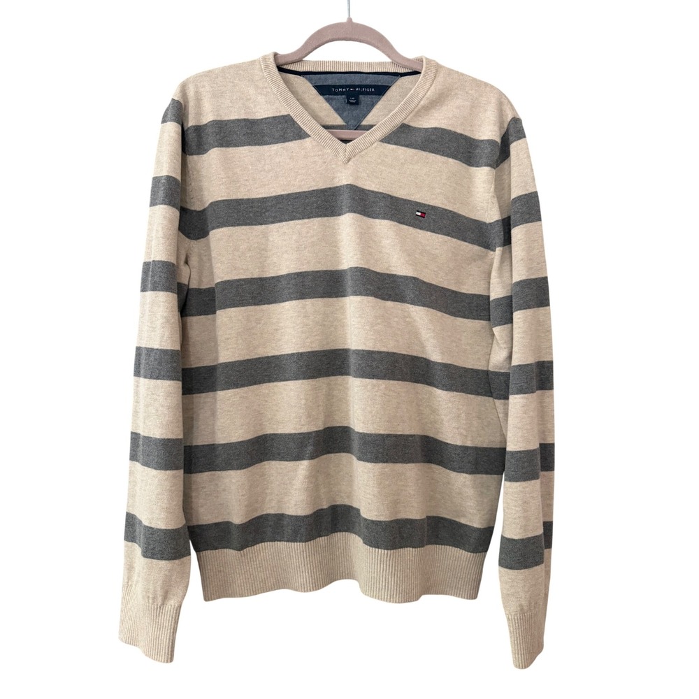 Tommy Hilfiger Men's L Tan Gray Striped V-neck Long Sleeve Sweater | SKU 1025